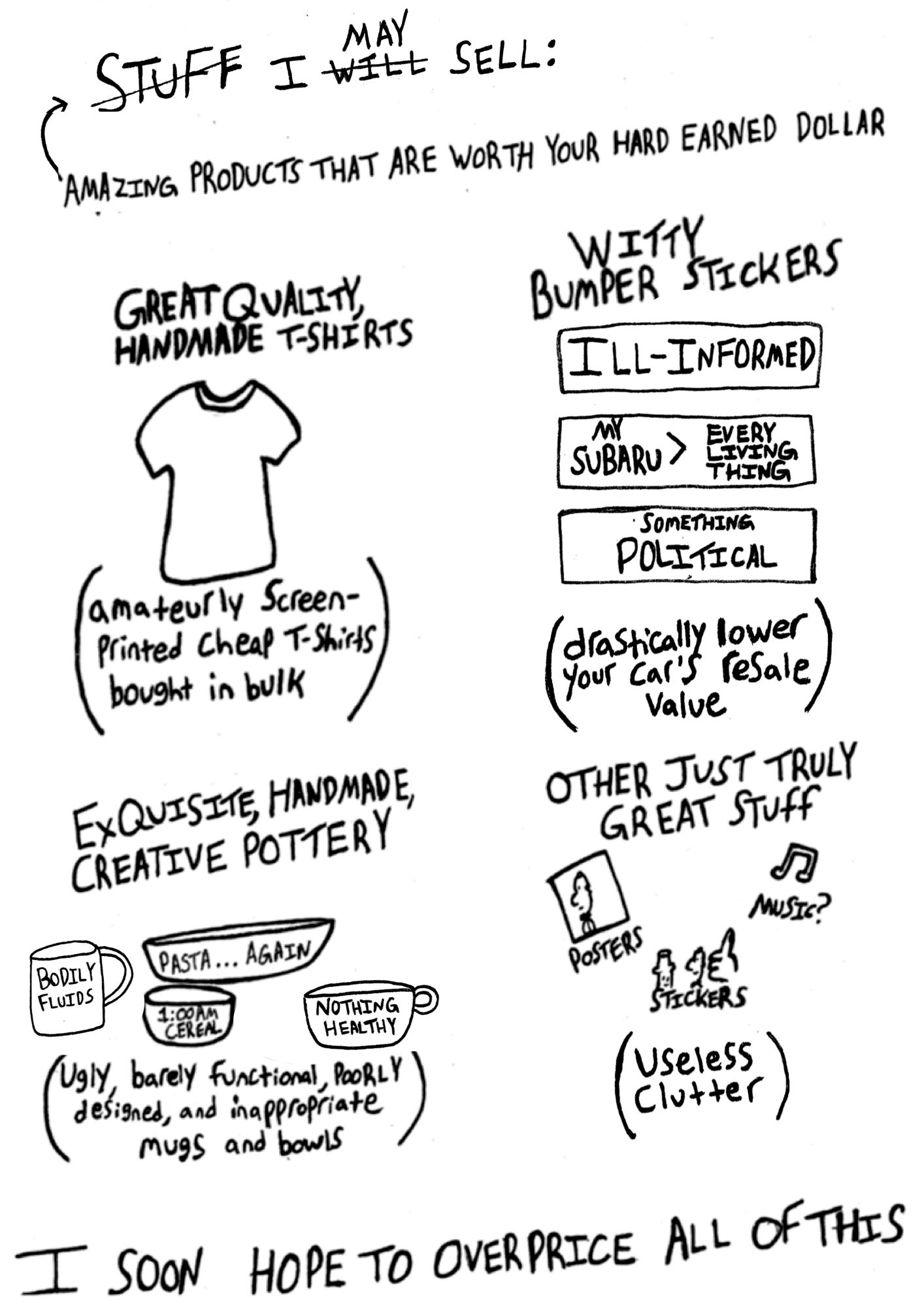 Things Charlie will sell: shirts, bumper stickers, pottery, posters, etc